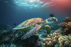 Sea turtle swimming the undersea, Beautiful Underwater and colorful coral in the wild nature of the Pacific Ocean Generate Ai photo