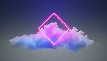 3d render, abstract minimal background with pink blue yellow neon light square frame with copy space, illuminated stormy clouds, glowing geometric shape, generate ai photo