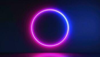 3d render, blue pink neon round frame, circle, ring shape, empty space, ultraviolet light, 80s retro style, fashion show stage, abstract background, generate ai photo