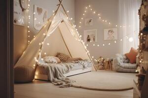 Kids bedroom in dark colors. Cozy kids room interior, scandinavian nordic design with light garlands and soft pillows, tent canopy bed. Children room in evening with lights on. image. photo