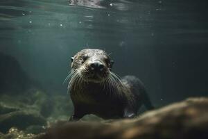 ilustración de linda nutria buceo submarino, generar ai foto