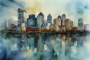 watercolor painting of a city skyline, featuring intricate architecture and reflections on water or glass surfaces, generate ai photo