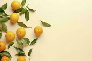 Whole orange yellow tangerines with green leaves on pastel beige background, copyspace. Citrus fruits mandarines as minimal food frame background, empty space, above view, generate ai photo