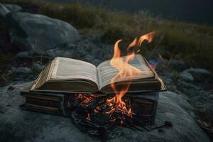 Burning book on fire outdoors. people don't like reading. intellectual problems , generate ai photo