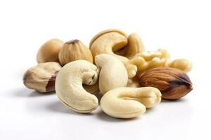 Cashew nuts, almond, hazelnut and blanched peanuts isolated on white background, generate ai photo