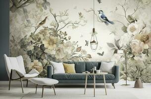 3d floral mural wallpaper with a light simple background. branches of flowers, herbs, birds, and mountains. modern art for wall home decor, generate ai photo