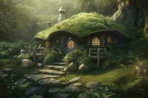 concepto Arte ilustración de hobbit casa, generar ai foto