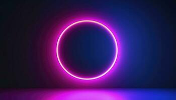 3d render, blue pink neon round frame, circle, ring shape, empty space, ultraviolet light, 80s retro style, fashion show stage, abstract background, generate ai photo