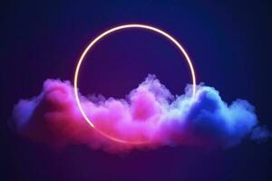 3d render, abstract cloud illuminated with neon light ring on dark night sky. Glowing geometric shape, round frame, generate ai photo