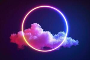 3d render, abstract cloud illuminated with neon light ring on dark night sky. Glowing geometric shape, round frame, generate ai photo