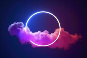 3d render, abstract cloud illuminated with neon light ring on dark night sky. Glowing geometric shape, round frame, generate ai photo