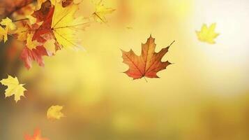 Autumn natural background with yellow and red maple leaves are flying and falling down, generate ai photo