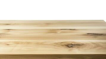 vacío madera mesa en aislado blanco antecedentes con monitor montaje para producto, generar ai foto