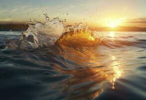 splashing, hd, water, sunset, water splash, water drops, water, sunset, water drop,, in the style of bokeh panorama, generate ai photo