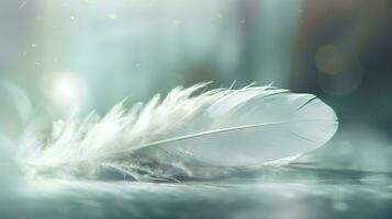 a bright blue background with one white feather, in the style of soft and dreamy pastels, glimmering light effects, nature inspired imagery, fairycore, soft focal points, generate ai photo
