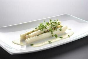 Modern Style Traditional Steamed White Asparagus with Cured Ham and Hollandaise Sauce Served as Top View on a Nordic Design Plate with Copy Space, generate ai photo