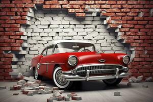 3d mural wallpaper broken wall bricks and a classic red car. world map in a colored background. for Childrens and kids bed room wallpaper, generate ai photo