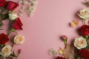 Roses Flower Arrangement, Copy Space, Flat Lay , generate ai photo