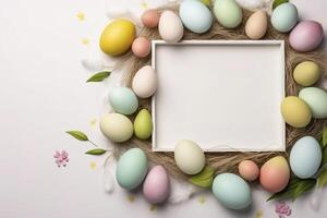 Colorful Easter Eggs with white frame copy space , photo