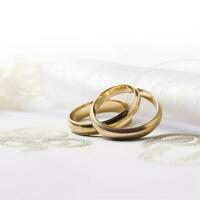 Wedding rings on wedding card on a white background, border design panoramic banner., generat ai photo