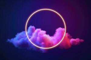 3d render, abstract cloud illuminated with neon light ring on dark night sky. Glowing geometric shape, round frame, generate ai photo