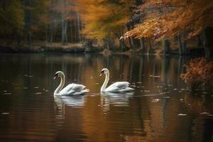 A pair of swans swimming in a serene lake, generate ai photo