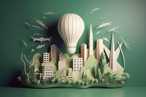 Paper cut of light bulb with green eco city , Renewable energy by 2050 Carbon neutral energy or greenhouse gas emission CO2 , Save energy creative idea concept , photo