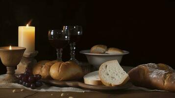 Adjarian khinkali and khachapuri with wine and sauce on a wooden table and stands, generate ai photo