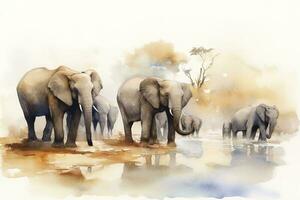 A group of elephants gathered around a watering hole watercolor painting, beautiful natural forms, crisp clean shapes, colorful, white background, generate ai photo