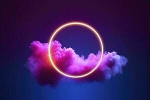 3d render, abstract cloud illuminated with neon light ring on dark night sky. Glowing geometric shape, round frame, generate ai photo