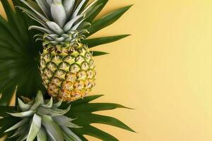 Beautiful pineapple on tropical palm monstera leaves isolated on bright pastel yellow background, top view, flat lay, overhead above summer fruit. , generate ai photo