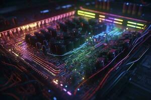 Computer microchip semiconductor on motherboard futuristic cyber neon lighting, generate ai photo