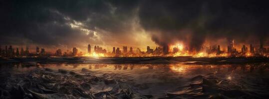 Post apocalypse. Nuclear apocalypse survivor. Ruined Cityscape. Concept. Banner size. Header, A nuclear explosion in the center of the metropolis. The beginning of apocalyptic, generate ai photo