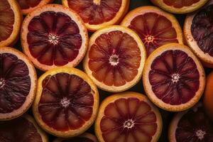 Many slices of juicy blood orange fruits as background, generate ai photo