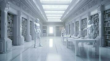 artificial intelligence white library classroom in space, a futuristic  library with a lot of books with natural light,  photorealistic 2050, generate ai photo
