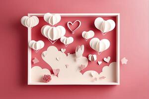 Paper cut style, valentine day with heart balloon and love, photo