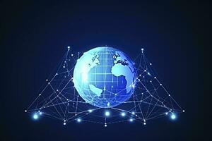 Global network on Earth concept. 3D rendering, World map point. Big data analytics and business concept, world map point and line composition concept of global business, generate ai photo