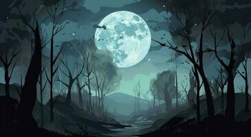 the landscape of a spooky forest at night, in the style of realistic blue skies, whimsical illustration, detailed backgrounds, free brushwork, generate ai photo