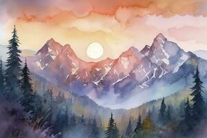 Paint a watercolor landscape of a mountain range with snow-capped peaks, featuring a vibrant sunset sky and intricate details of rocks and trees, generate ai photo