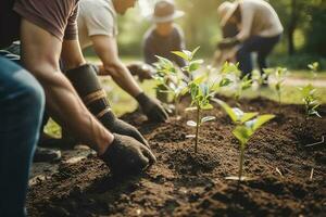 People planting trees or working in community garden promoting local food production and habitat restoration, concept of Sustainability and Community Engagement , generate ai photo