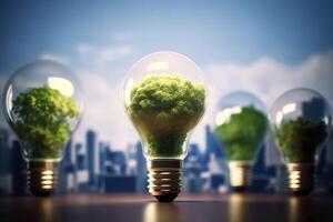 Energy consumption and CO2 gas emissions are increasing light bulbs with green eco city, Renewable energy by 2050 Carbon neutral energy, Save energy creative idea concept, . photo