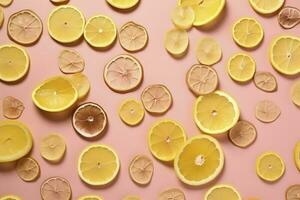 Uniform pattern of dried lemon slices with shadow on a pink background. Flat lay, generate ai photo