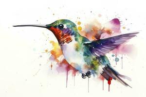 Create a beautiful painting of a hummingbird feeding on nectar watercolor painting, beautiful natural forms, crisp clean shapes, colorful, white background, generate ai photo