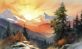 Paint a watercolor landscape of a mountain range with snow-capped peaks, featuring a vibrant sunset sky and intricate details of rocks and trees, generate ai photo