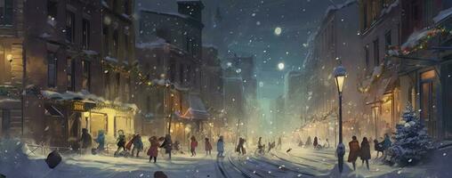 Winter town centre, christmas cozy atmosphere, new year postcard, snowfall , generate ai photo