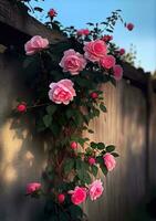 group of pink roses sitting on top of a wooden fence, generate ai photo