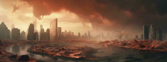 Post apocalypse. Nuclear apocalypse survivor. Ruined Cityscape. Concept. Banner size. Header, generate ai photo