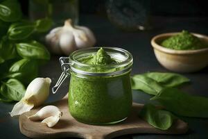 Green pesto sauce made of wild garlic, generate ai photo