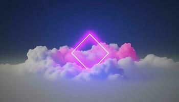 3d render, abstract minimal background with pink blue yellow neon light square frame with copy space, illuminated stormy clouds, glowing geometric shape, generate ai photo