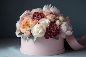 Flowers in round luxury present box. Bouquet of peonies and roses in paper box. Mock-up of hat box of flowers. Interior decoration in in pastel colors. image photo